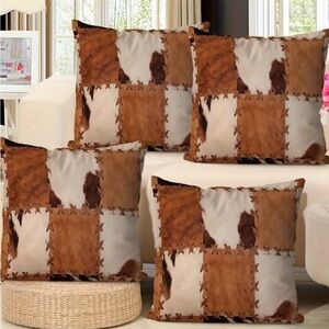 🤎 Rustic Cowhide Patch Print Pillow Covers 18x18 Western Farmhouse (Set of 4)